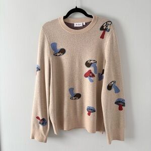 Fred Segal Men’s Knitted Mushroom Jumper Sweater Pullover Graphic Crew Tan